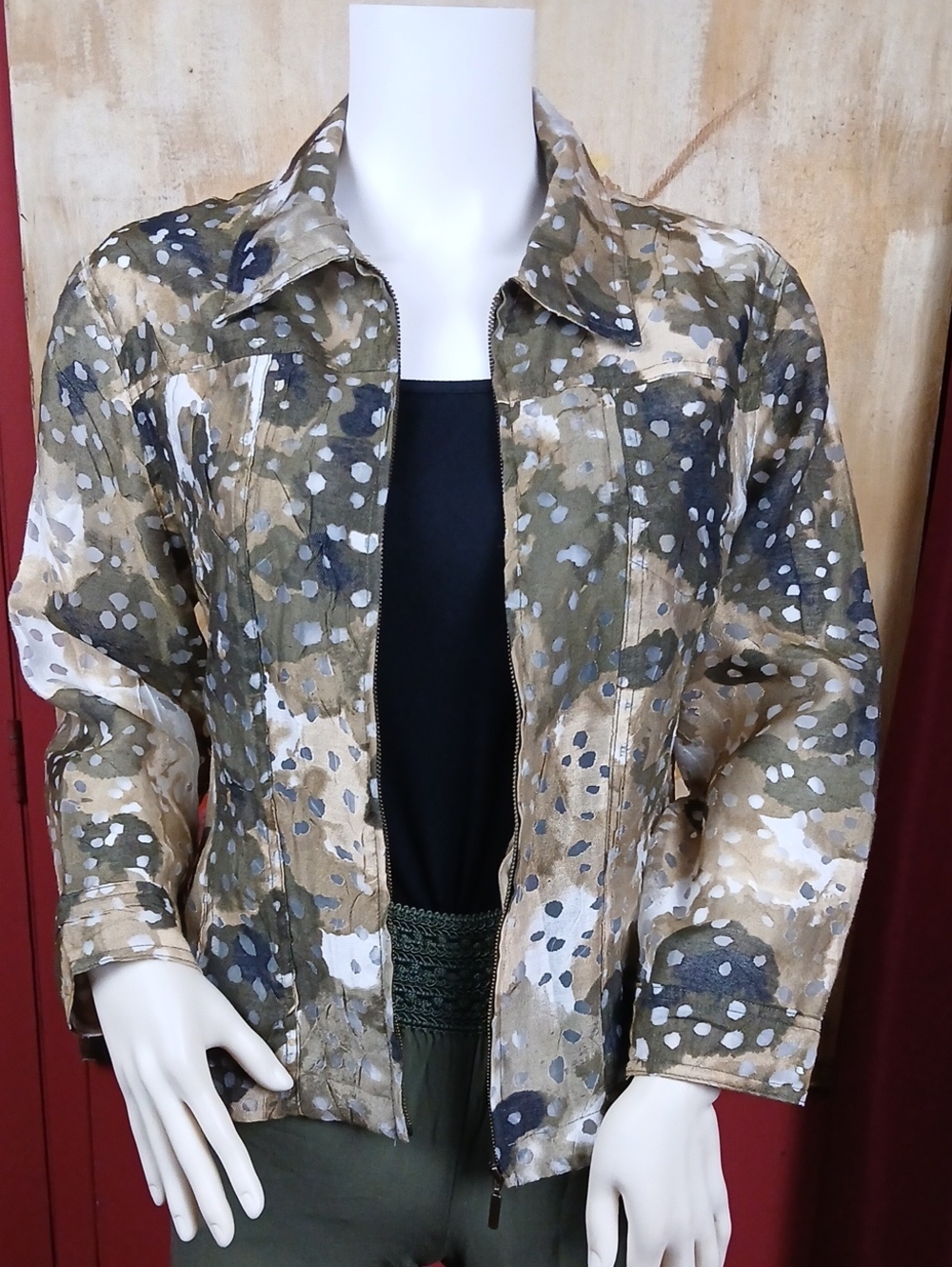 Ruby Rd. Favorites Women's Khaki & Olive Abstract Dot Zip Up Jacket Size 10